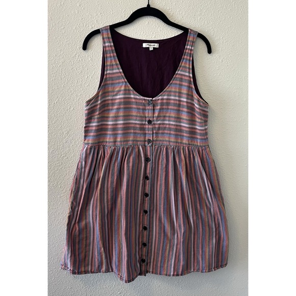 Madewell Dresses & Skirts - Madewell Dress Womens M Rainbow Pink Striped Mini Button Front A Line Babydoll